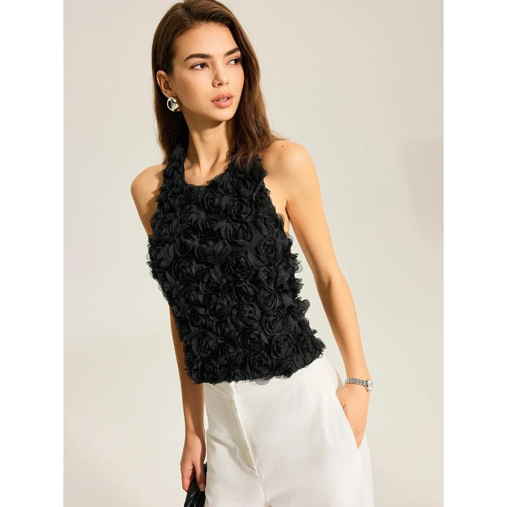 NWT Commense Black 3D Rosette Halter Size Large Coquette Party